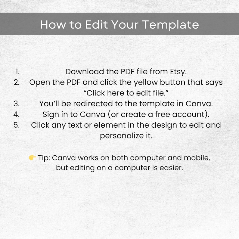 May include: A white graphic with the title "How to Edit Your Template" and numbered instructions. The steps include downloading a PDF, opening it, clicking a button, and editing in Canva. A tip suggests using a computer for easier editing.