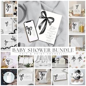 Puede incluir: Colección de decoraciones y papelería para baby shower en blanco y negro. Incluye invitaciones, letreros, etiquetas de recuerdo y adornos para cupcakes, todos con un diseño de lazo negro. También se ven las palabras "Baby Shower Bundle" y "Edit & Print Yourself!"