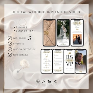 K&ouml;nnte beinhalten: Digitale Hochzeitseinladungsvideo, das auf sechs Smartphones angezeigt wird. Die Bildschirme zeigen Einladungsdesigns mit Fotos, Text und goldenen Akzenten. Der Text enth&auml;lt "7 Seiten", "Per SMS senden" und "Mit Musik". Eine wei&szlig;e Rose und ein Ring sind im Hintergrund.