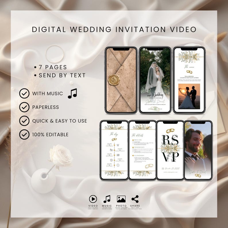 K&ouml;nnte beinhalten: Digitale Hochzeitseinladungsvideo, das auf sechs Smartphones angezeigt wird. Die Bildschirme zeigen Einladungsdesigns mit Fotos, Text und goldenen Akzenten. Der Text enth&auml;lt "7 Seiten", "Per SMS senden" und "Mit Musik". Eine wei&szlig;e Rose und ein Ring sind im Hintergrund.