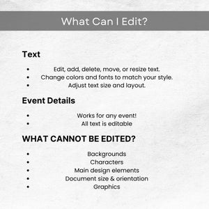 May include: A white graphic with the text "What Can I Edit?" lists editable text features: edit, add, delete, move, or resize text; change colors and fonts; adjust text size and layout. It also lists what cannot be edited.