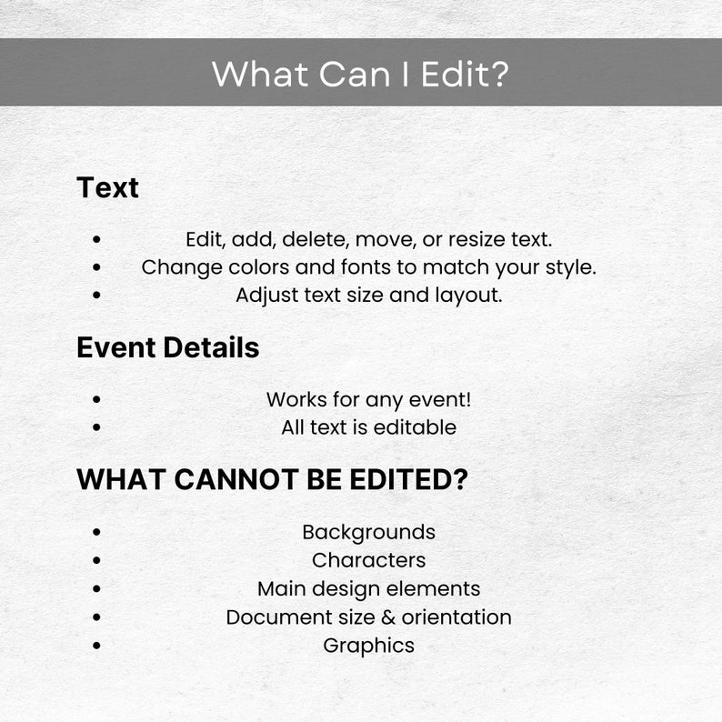 May include: A white graphic with the text "What Can I Edit?" lists editable text features: edit, add, delete, move, or resize text; change colors and fonts; adjust text size and layout. It also lists what cannot be edited.