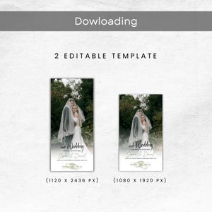 K&ouml;nnte beinhalten: Zwei digitale Vorlagen f&uuml;r Hochzeitseinladungen im Hochformat. Jede Vorlage zeigt ein Foto von Braut und Br&auml;utigam mit dem Text "our Wedding" und den Namen "Sophia & Daniel". Das Bild enth&auml;lt auch den Text "2 EDITABLE TEMPLATE" und "Dowloading".