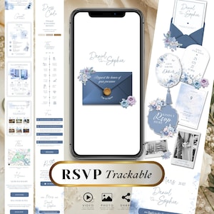 Blue Floral Wedding Invitation Website, Editable Canva Wedding Invite, RSVP Trackable, Digital Wedding Website Template