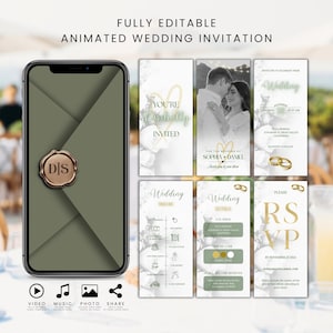 Puede incluir: Una invitación de boda animada que se muestra en un teléfono inteligente, con un diseño de sobre verde y un sello dorado. Paneles adicionales muestran los detalles de la boda, incluyendo los nombres de la pareja, la fecha, la hora y el lugar. Texto: "FULLY EDITABLE ANIMATED WEDDING INVITATION".