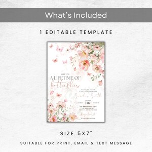 May include: A 5x7 inch invitation template with a floral and butterfly design. The invitation features the text "Here's to a Lifetime of Butterflies" and event details. Suitable for print, email, and text message.