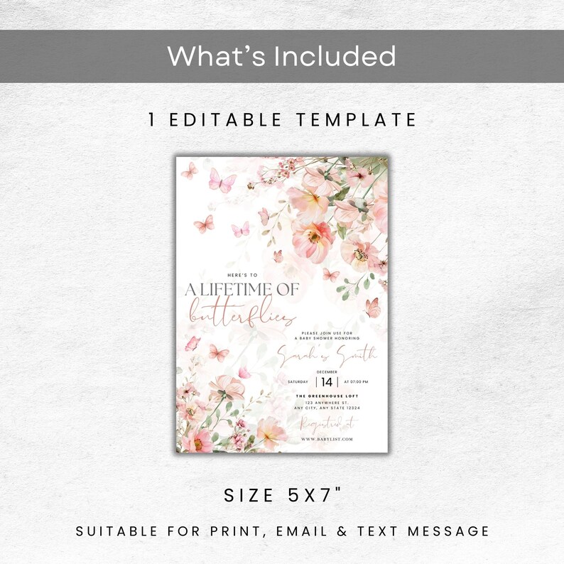May include: A 5x7 inch invitation template with a floral and butterfly design. The invitation features the text "Here's to a Lifetime of Butterflies" and event details. Suitable for print, email, and text message.