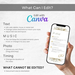 K&ouml;nnte beinhalten: Ein Smartphone zeigt eine Vorlage f&uuml;r Hochzeitsdetails mit floralen Akzenten. Das Bild enth&auml;lt Text zu Bearbeitungsoptionen in Canva, wie Text, Musik, Foto und Timing. Das Telefon wird in einer Hand gehalten.