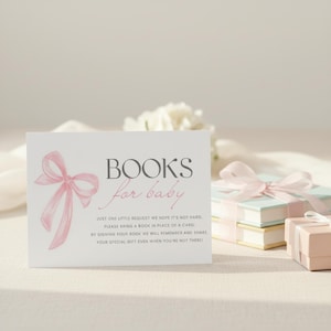 Editable PinkBow Books for Baby Card Printable, Baby Shower Book Request Card Canva Template, Coquette Bow Baby Shower Insert