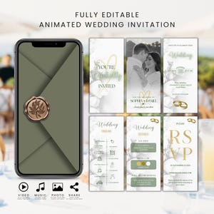 Puede incluir: Una invitación de boda animada mostrada en un teléfono inteligente, con un diseño de sobre verde y un sello de cera dorado. La invitación incluye detalles como "You're Cordially Invited" e información de RSVP. Las palabras "FULLY EDITABLE ANIMATED WEDDING INVITATION" están en la parte superior.