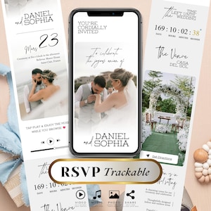 Puede incluir: Una invitación de boda digital en un teléfono inteligente, con fotos de la pareja, detalles del evento y una opción de RSVP. El diseño incluye los nombres "Daniel y Sophia", la fecha, la hora y la información del lugar. La invitación también tiene un temporizador de cuenta regresiva.
