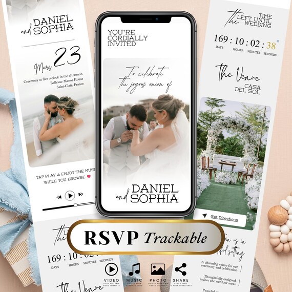 Editable Digital Wedding Invitation Website with Trackable RSVP | Canva Wedding Website Template with Countdown, Music, Map & Save the Date