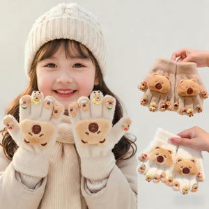 Kids Plush Bear Finger Puppet Winter Gloves, Warm Fuzzy Five-Finger Mittens for Girls & Boys (Ages 2–13) christmas gift