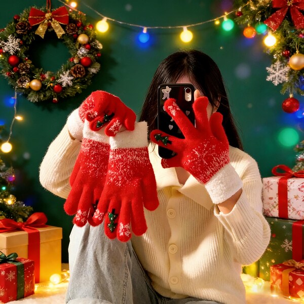 Weihnachts-Fuzzy Knit Fünf-Finger-Armstulpen, warme Winter-Plüsch-Stulpen für Frauen & Jugendliche, Urlaub gemütliches Geschenk, weich gestrickte Weihnachtshandschuhe