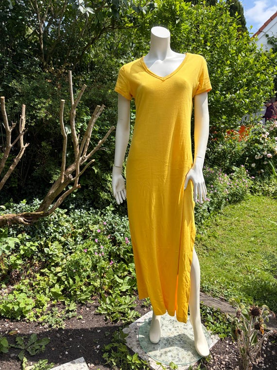 Oscar de la Renta, Vintage Oscar de la Renta Yellow Maxi Dress | Bright Sunshine Jersey Dress | Side Slit Summer Dress | Minimalist Resort Wear