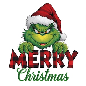 May include: A green cartoon character wearing a red and white Santa hat. The character is holding a sign that says "MERRY" in red and black plaid letters, and "Christmas" in green script.