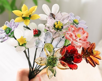 Glass Birth Month Flower, Glass Flower Bouquet, Gift For Her, Hand Blown Floral Figurines, Gift for Mom, Personalized Gifts, Art Home Decor