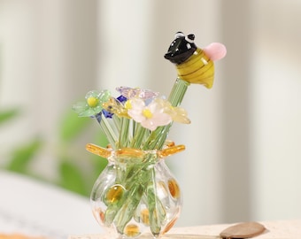 Mini Glass Flowers & Bee,Personalized Gifts for Women,Hand Blown Spring Flower,Desktop Ornament,Handmade Glass Flower Bouquet,Home Decor