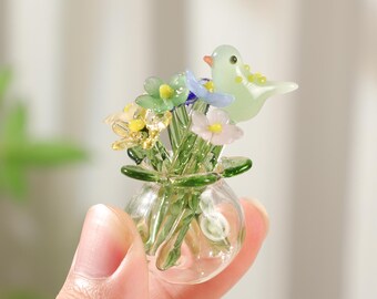 Handmade Mini Glass Vase with Flowers & Bird,DIY Desktop Ornament,Hand Blown Glass Flower Bouquet,Gift for Her,Personalized Birthday Gift