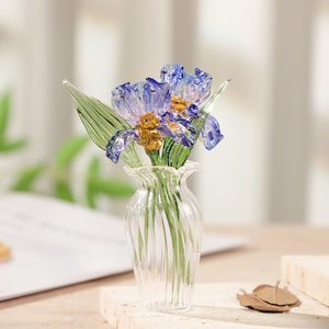 Mini ramo de iris de cristal hecho a mano, escultura floral de cristal, figura floral soplada a mano, regalo para ella, regalo de cumpleaños personalizado para mamá, decoración del hogar