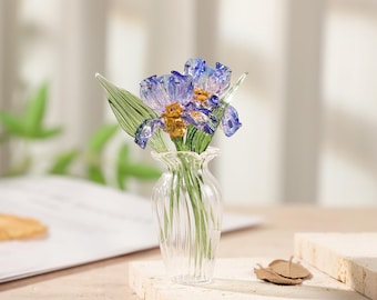 Mini Handmade Iris Glass Bouquet,Glass Flower Sculpture,Hand Blown Floral Figurine,Gift for Her,Personalized Birthday Gift to Mom,Home Decor