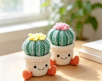 Smiling Cactus Crochet Pot,Handmade Crochet Succulent,Cute Potted Plant,Green Desk Decor,Thanks Gift for Friend,Teacher,Colleague