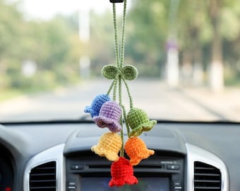 Crochet Lily of the Valley Car Hanging, Hand Knitted Car Rearview Mirror Pendant, Cute Floral Car Accessory, Personalized Gift