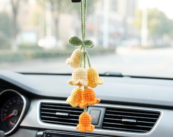 Handmade Crochet Lily of the Valley Car Hanging Basket,Knitted Bellflower Rearview Mirror Hanging Ornament,Car Interior Decor