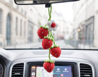 Crochet Strawberry Car Hanging,Hand Knitted Fruit Car Mirror Pendant,Aesthetic Car Decor,Car Interior Decor,Rearview Mirror Hanging Ornament