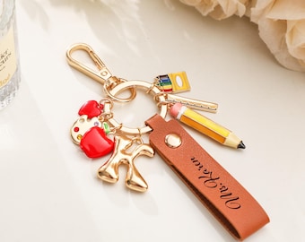 Engraved Teacher Name Leather Keychain,Back To School Teacher Appreciation Gift,End of Year Teacher Gift,Thank You Gift
