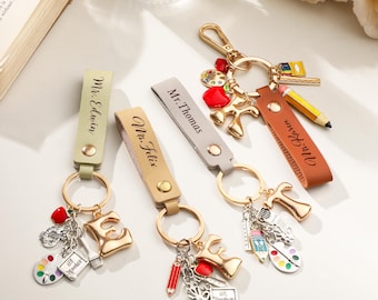 Personalized Teacher Keychain,Back To School Teacher Appreciation Gift,Thank You Teacher Gift,Custom Leather Keychain Teacher Present