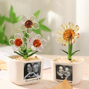 May include: Two glass flower sculptures in white ceramic pots. One pot has three flowers with clear petals and orange centers. The other has a single flower. Each pot has a black and white photo and text that reads "Forever friends" and "Best friends".