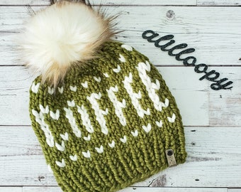 Knit Coffee Beanie in Cilantro Green and Cream Wool-Blend Yarn with Cream Faux Fur Pom  | Coffee Lovers Hat | Gift for Her -  READY TO SHIP