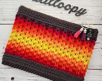 Handmade Crocheted Large Northern Forest Zipper Pencil Pouch in Gray and Sunset - Ready to Ship