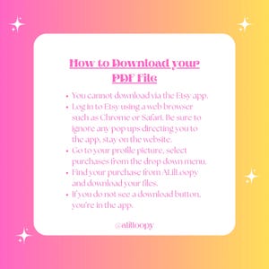 Pode incluir: Um quadrado branco com cantos arredondados, sobre um fundo gradiente rosa e amarelo. O texto "How to Download your PDF File" est&aacute; no topo, seguido de marcadores com instru&ccedil;&otilde;es sobre como baixar arquivos do Etsy.