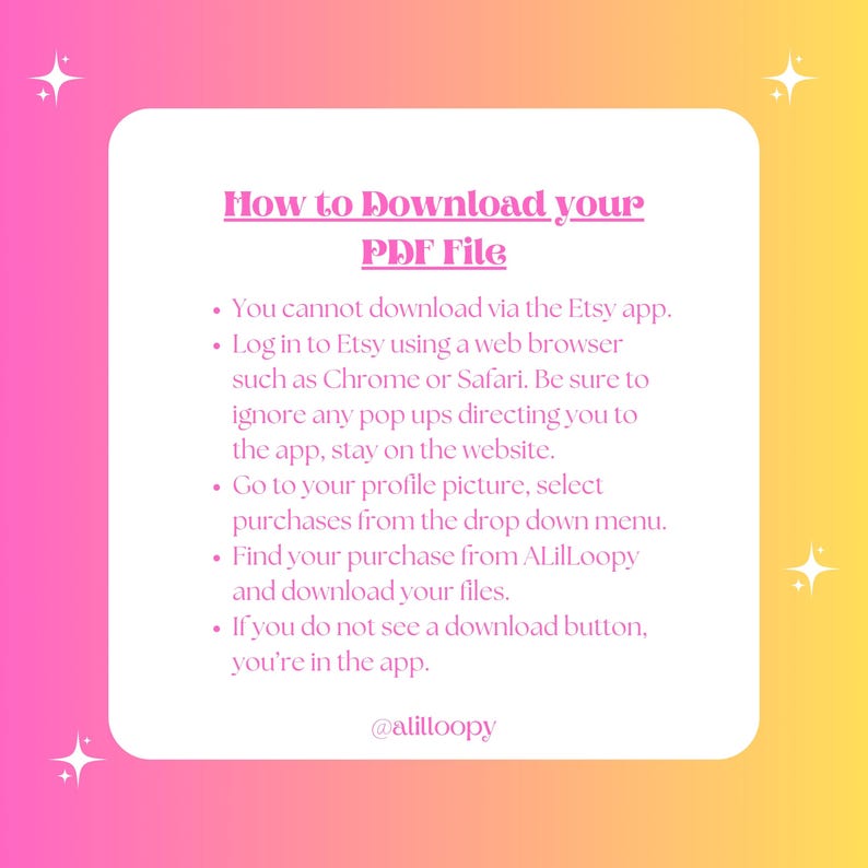 Pode incluir: Um quadrado branco com cantos arredondados, sobre um fundo gradiente rosa e amarelo. O texto "How to Download your PDF File" est&aacute; no topo, seguido de marcadores com instru&ccedil;&otilde;es sobre como baixar arquivos do Etsy.
