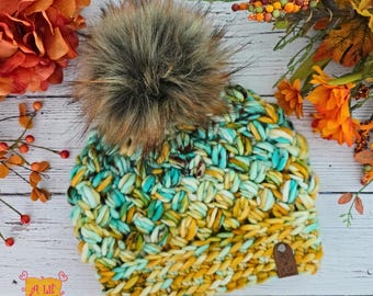 Golden Shores Daily Brew Beanie - Hand-Dyed Super bulky Wool Hat with Faux Fur Pom