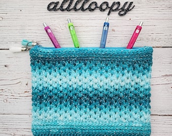 Handmade Crocheted Large Northern Forest Zipper Pouch in Sparkly Shades of Teal - Ready to Ship