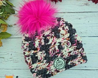 Chunky Merino Wool Beanie with Faux Fur Tinsel Pom