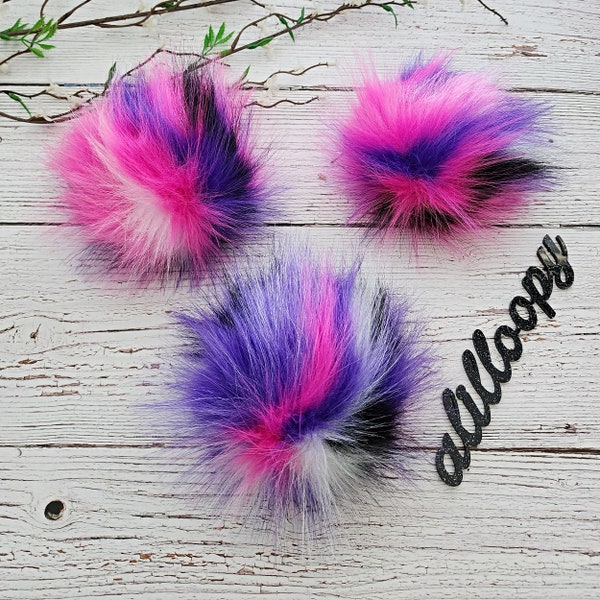 Jem Faux Fur Pom Pom | Purple, Pink, Black, and White Pom | Striped Fur Pom