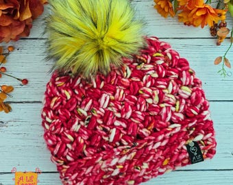 Poppy Daily Brew Beanie - Hand-Dyed Super bulky Wool Hat with Faux Fur Pom