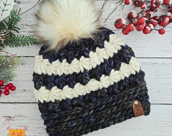 Crocheted Winter Star Beanie - Hand-Dyed Super Bulky Wool Hat with Faux Fur Pom