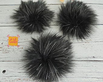 Starry Night Faux Fur Pom Pom | Black Fur with Silver Tinsel Pom