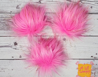 Princess Faux Fur Pom Pom | Bright Pink Faux Fur Pom | Pink Faux Fur Pom with Gold Tinsel