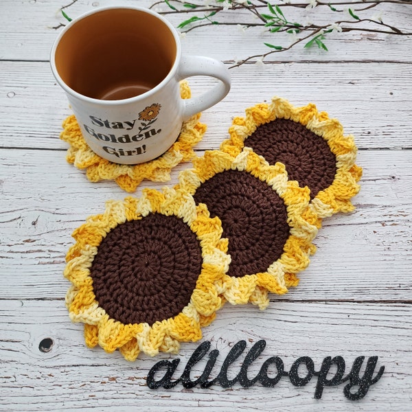 Crochet Sunflower Coaster | Flower Mug Rug | Handmade Boho Table Decor | Farmhouse Home Decor | Wedding Shower Gift | Housewarming Gift