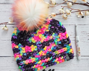Ladies OOAK Crocheted Sakura Beanie in Cozy Handdyed Wool with Faux Fur Pom Pom