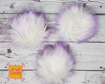 Lavender Fields Faux Fur Pom Pom | Lux Vegan White Faux Fur Pom With Light Purple Tips | Fluffy White Pom with Lavender Tips