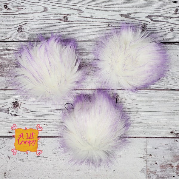 Lavender Fields Faux Fur Pom Pom | Lux Vegan White Faux Fur Pom With Light Purple Tips | Fluffy White Pom with Lavender Tips