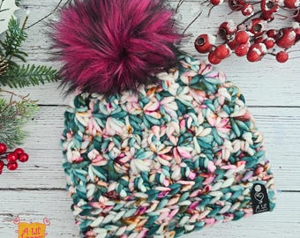 Crocheted Winter Star Beanie - Hand-Dyed Super Bulky Wool Hat with Faux Fur Pom