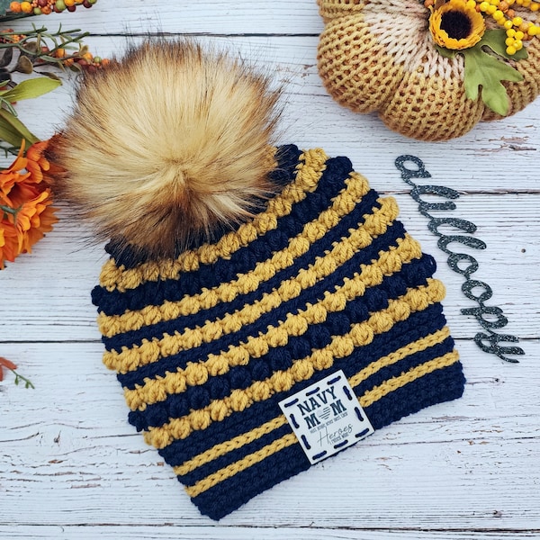 Crocheted Navy Mom Chalmers Street Beanie in Navy Blue and Gold with Ginger Faux Fur Pom | Women's Winter Hat | Warm Colorful Toque
